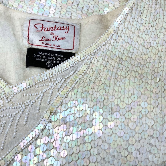 Vintage 100% Silk Ivory 70s 80s Fully Beaded Sequin Long Sleeve Dress - Picture 13 of 15